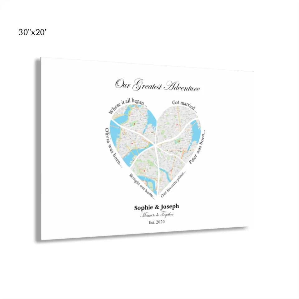 Custom Wall Art - Heart Shaped Six Location Map - ARTFULANE