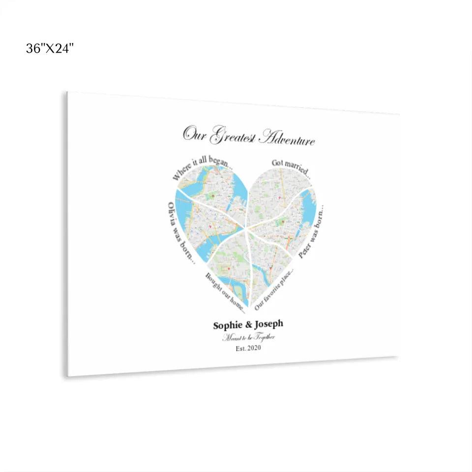 Custom Wall Art - Heart Shaped Six Location Map - ARTFULANE