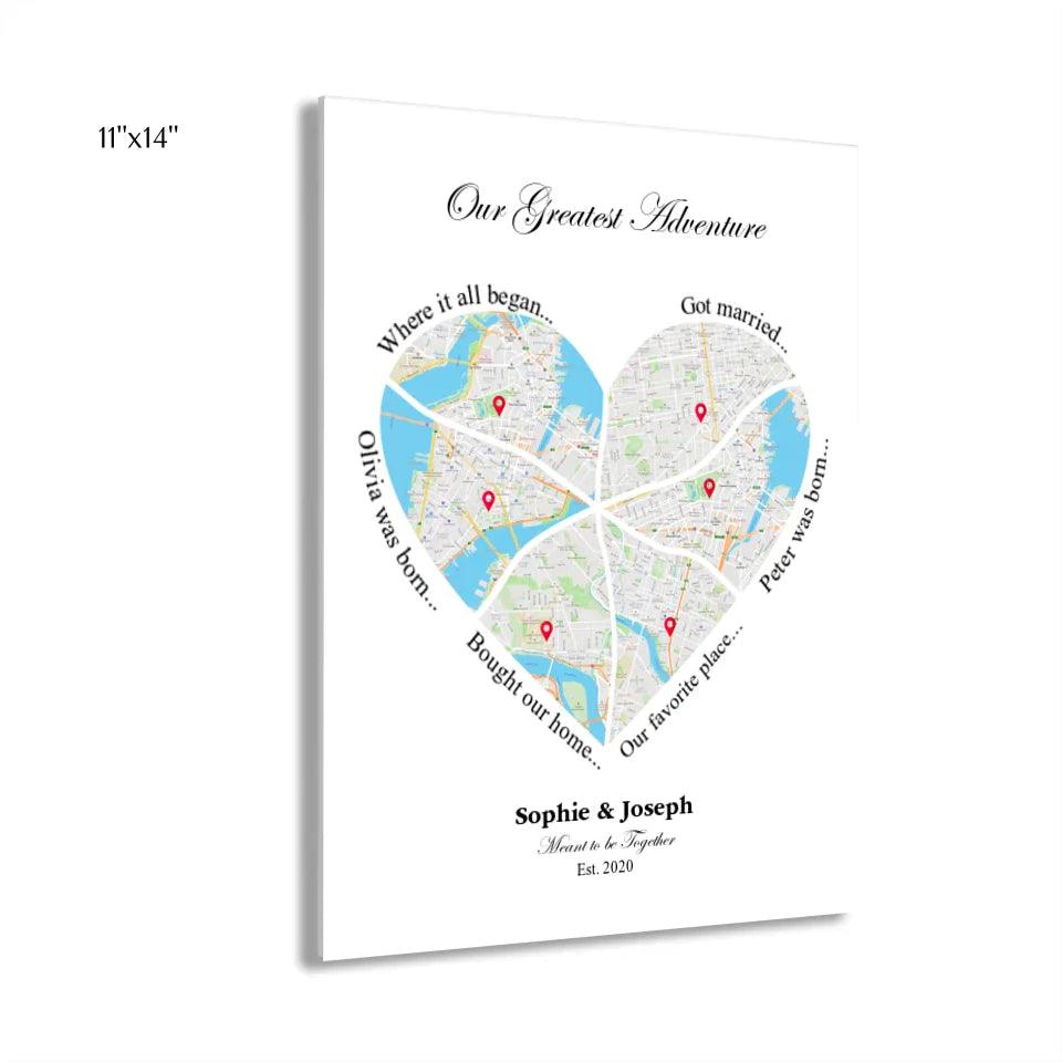 Custom Wall Art - Heart Shaped Six Location Map - ARTFULANE
