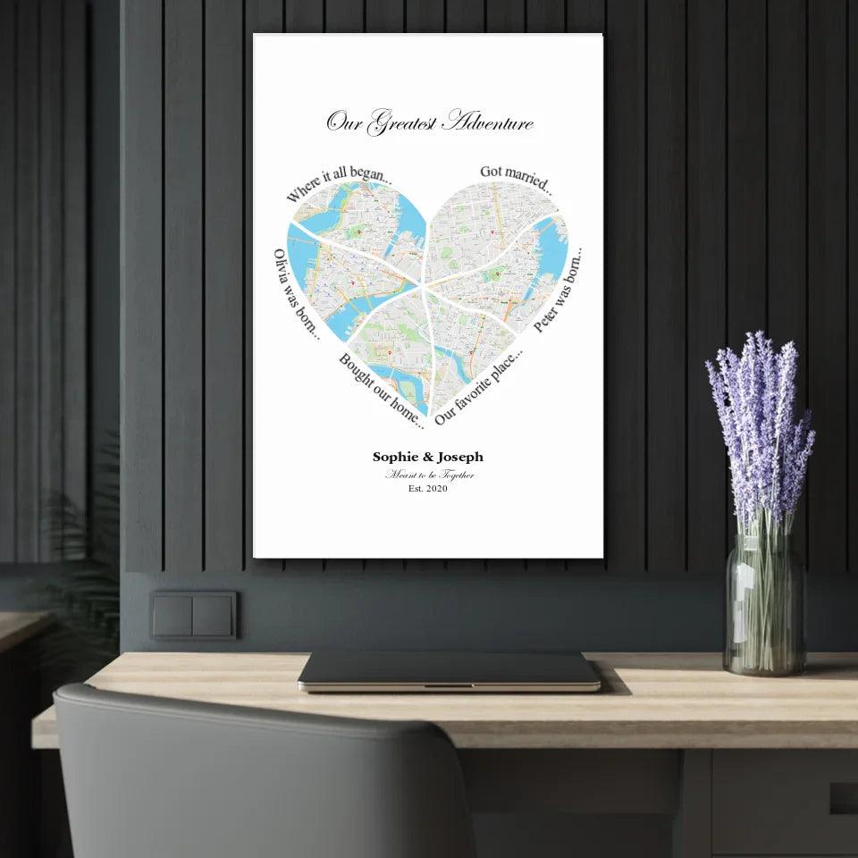 Custom Wall Art - Heart Shaped Six Location Map - ARTFULANE