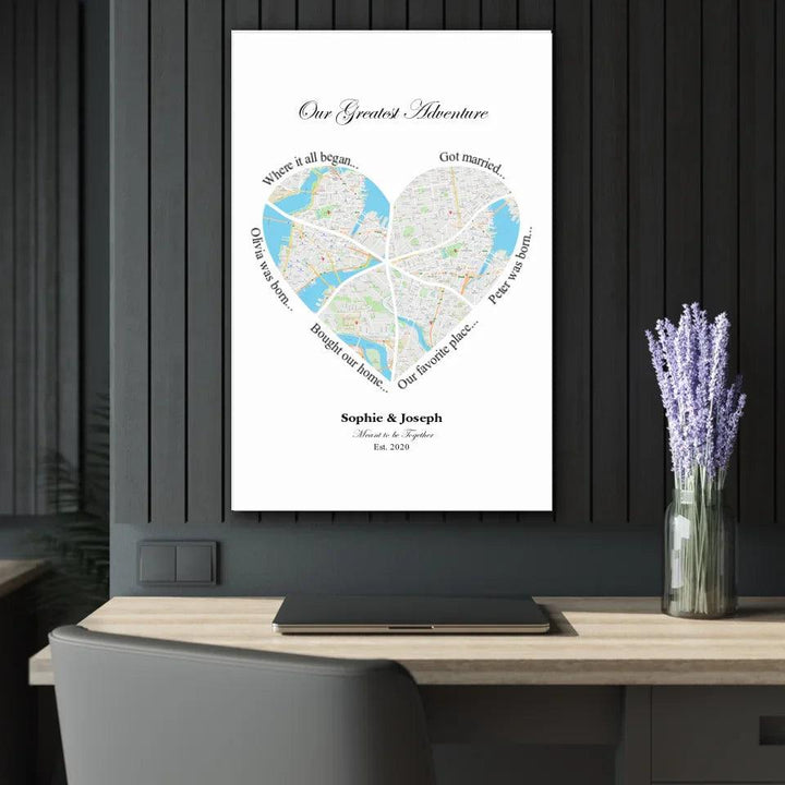 Custom Wall Art - Heart Shaped Six Location Map - ARTFULANE