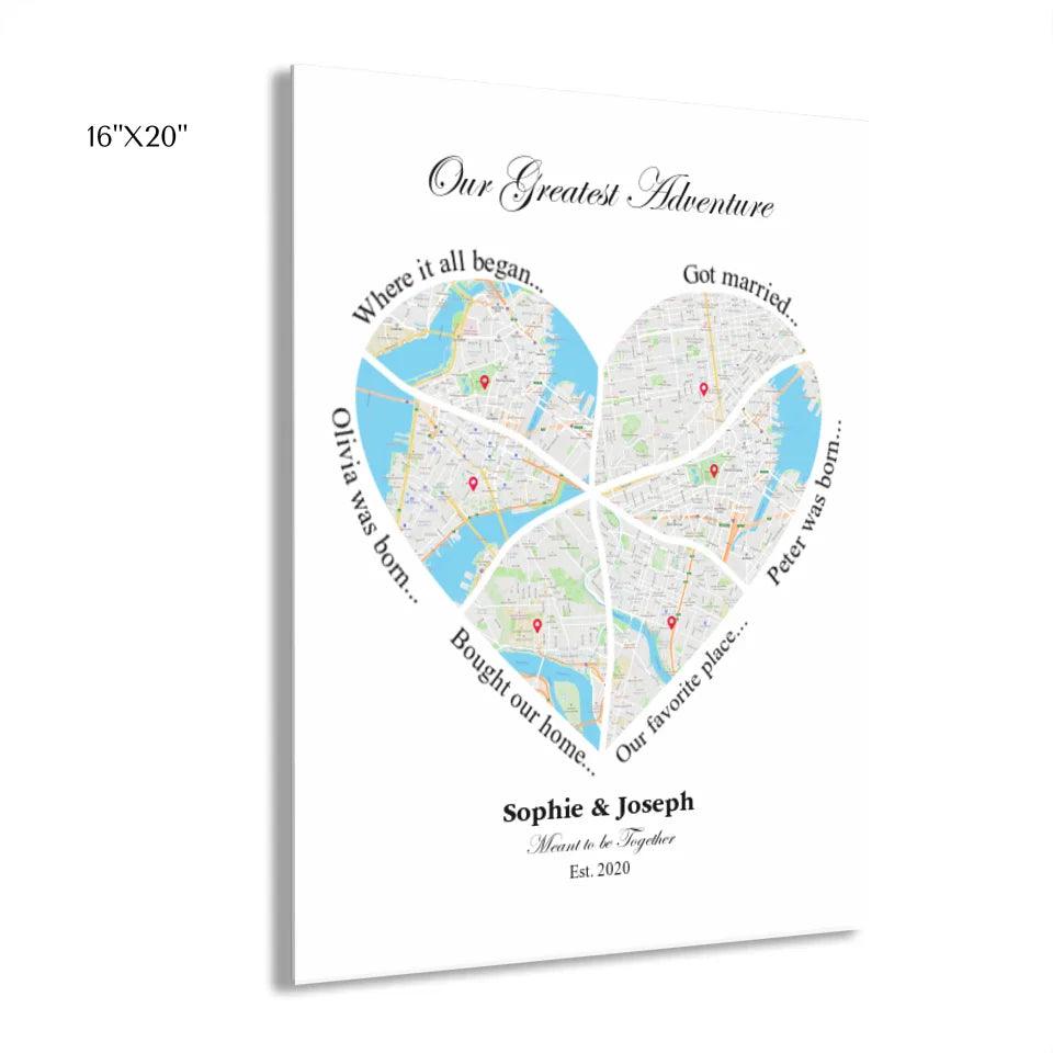 Custom Wall Art - Heart Shaped Six Location Map - ARTFULANE