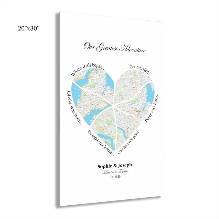 Custom Wall Art - Heart Shaped Six Location Map - ARTFULANE