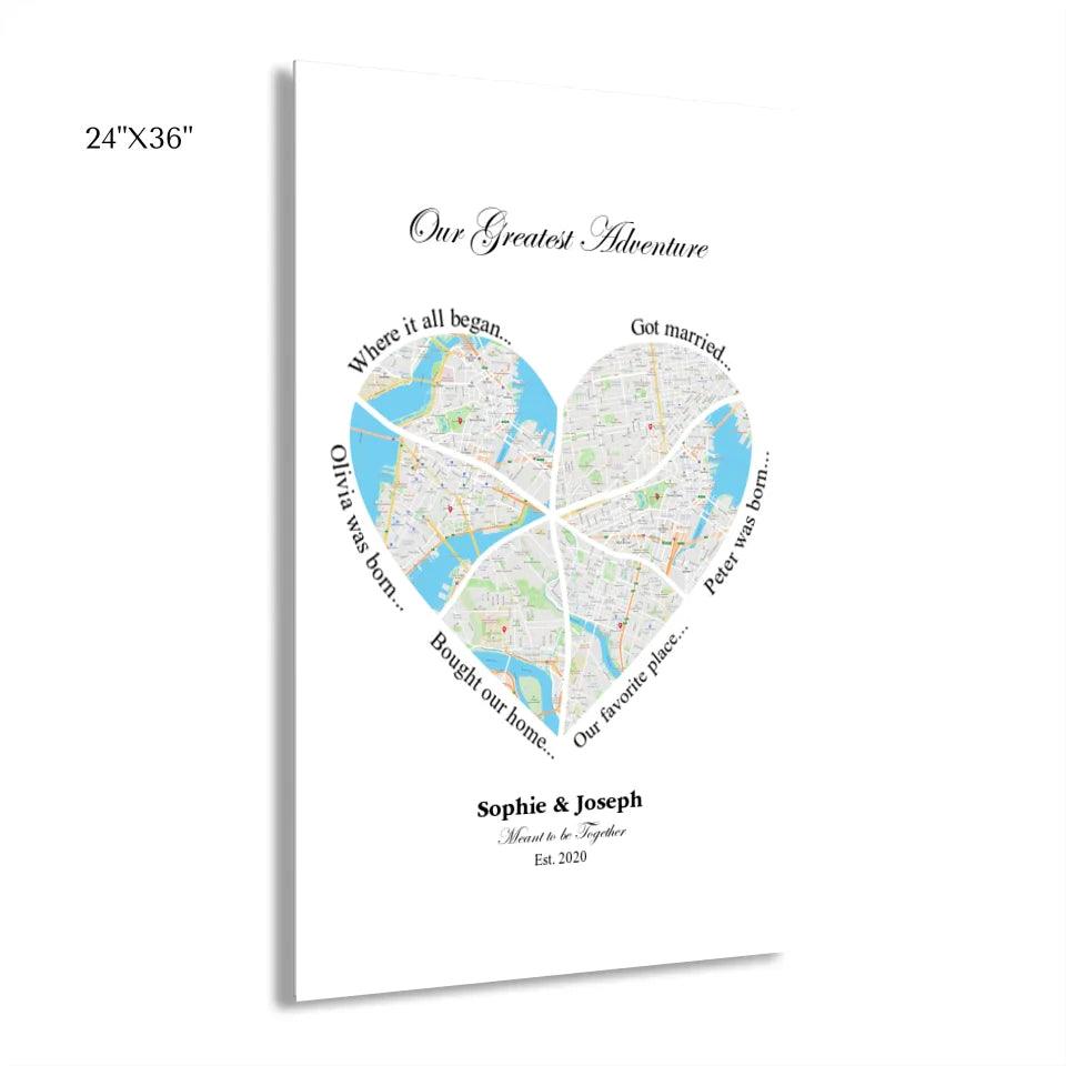 Custom Wall Art - Heart Shaped Six Location Map - ARTFULANE