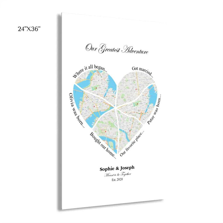Custom Wall Art - Heart Shaped Six Location Map - ARTFULANE