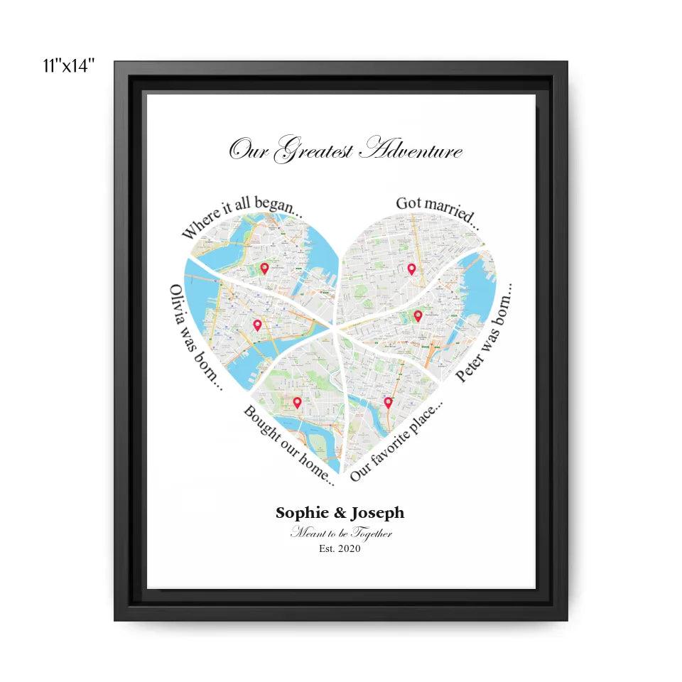 Custom Wall Art - Heart Shaped Six Location Map - ARTFULANE