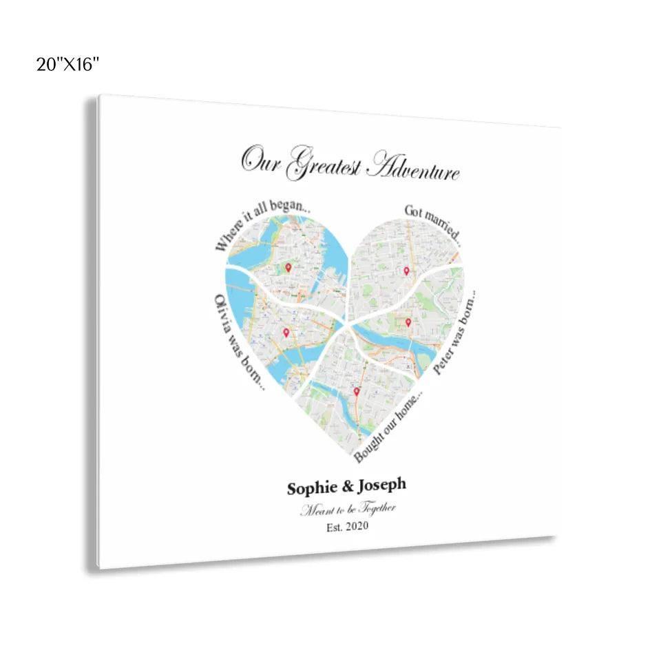 Custom Wall Art - Heart Shaped Six Location Map - ARTFULANE