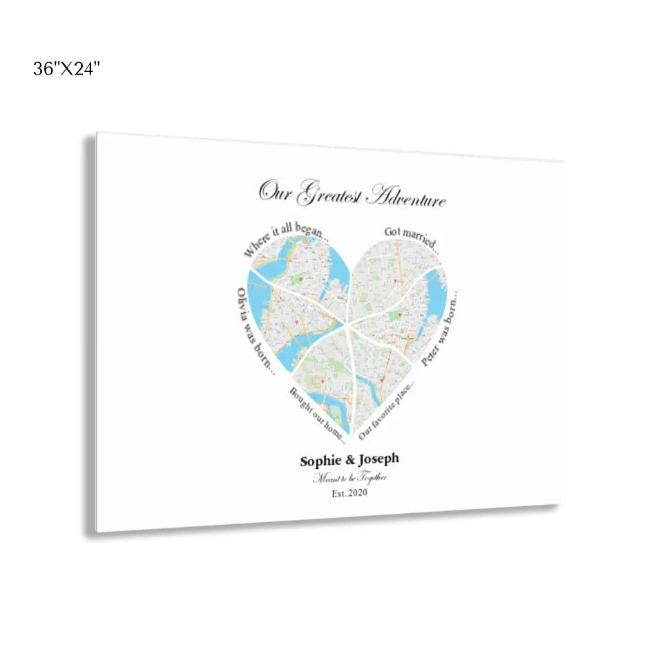 Custom Wall Art - Heart Shaped Six Location Map - ARTFULANE