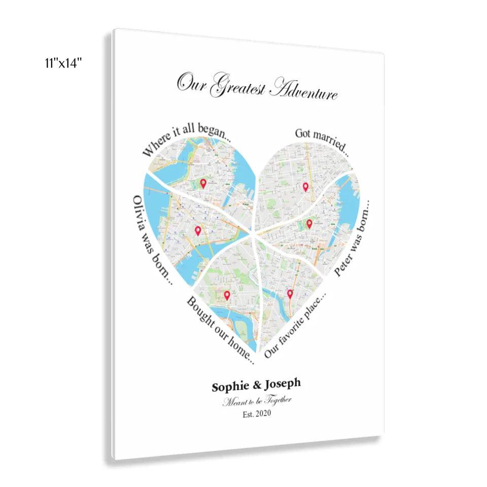 Custom Wall Art - Heart Shaped Six Location Map - ARTFULANE