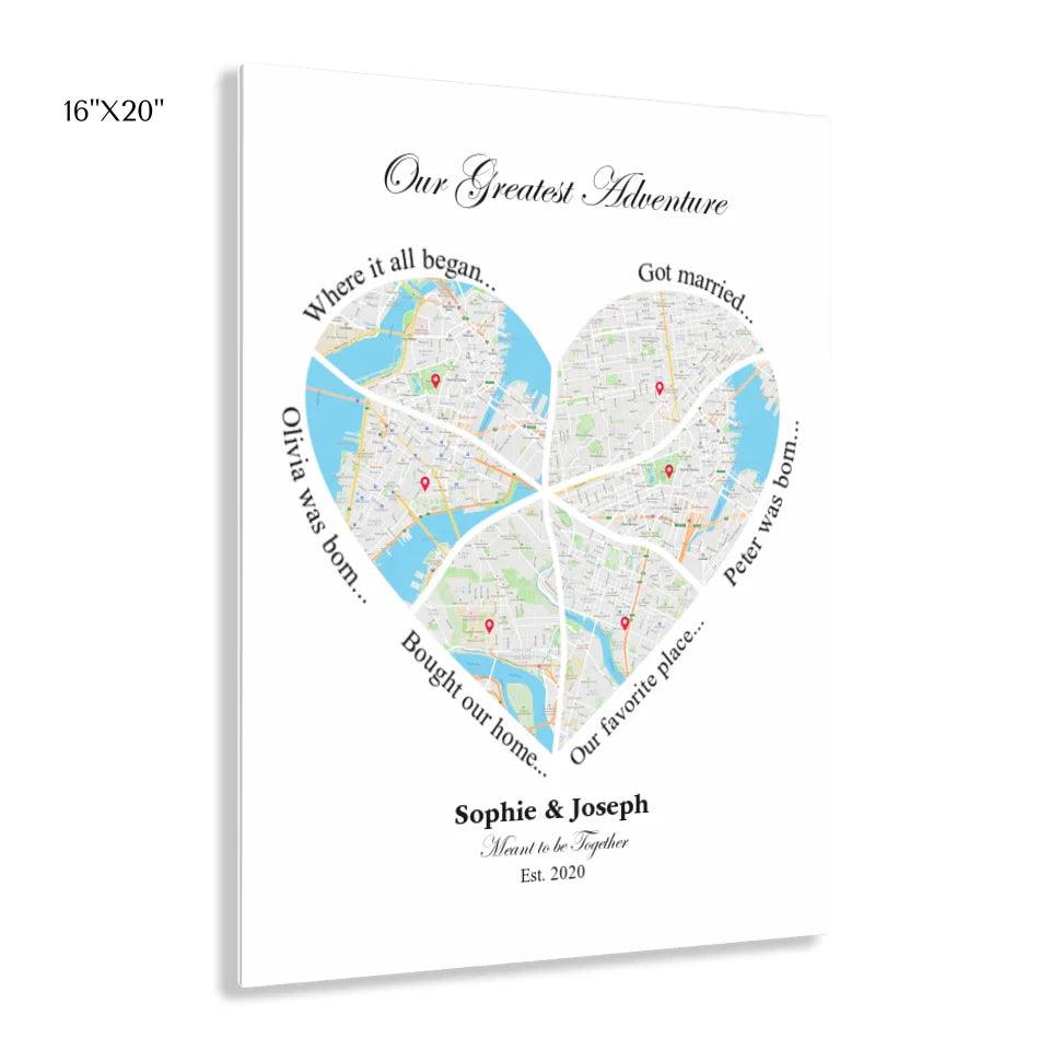 Custom Wall Art - Heart Shaped Six Location Map - ARTFULANE