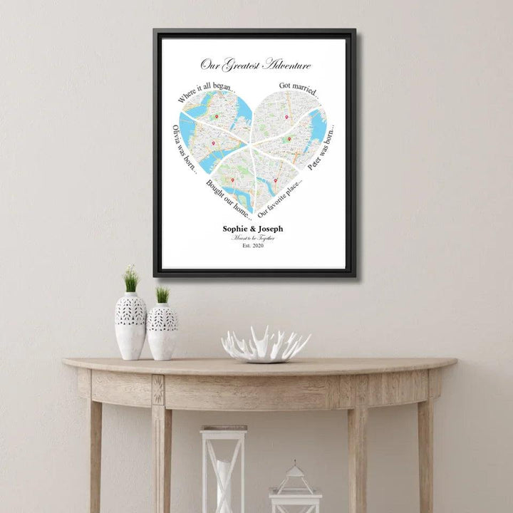 Custom Wall Art - Heart Shaped Six Location Map - ARTFULANE