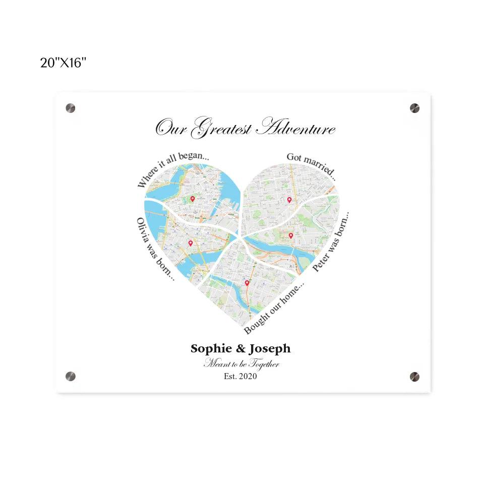 Custom Wall Art - Heart Shaped Six Location Map - ARTFULANE