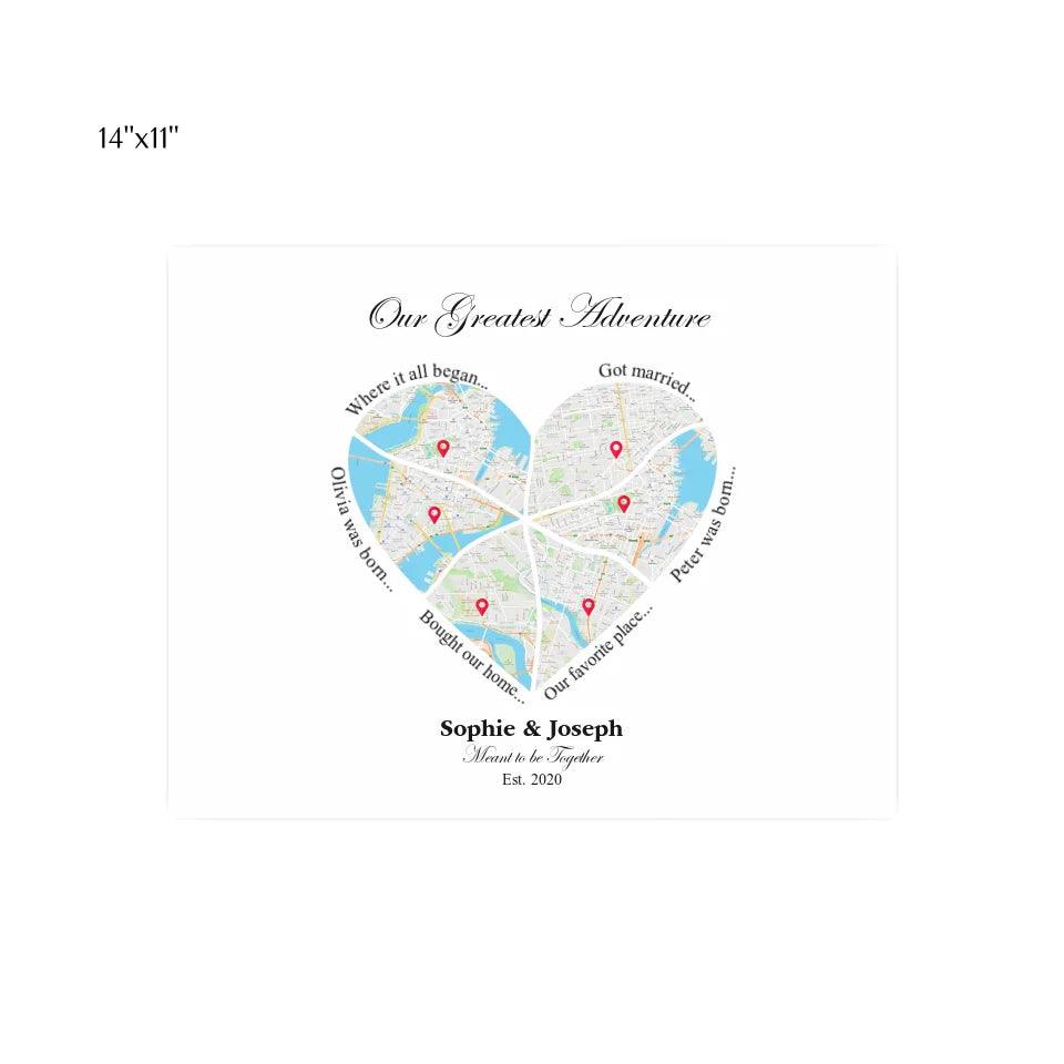Custom Wall Art - Heart Shaped Six Location Map - ARTFULANE