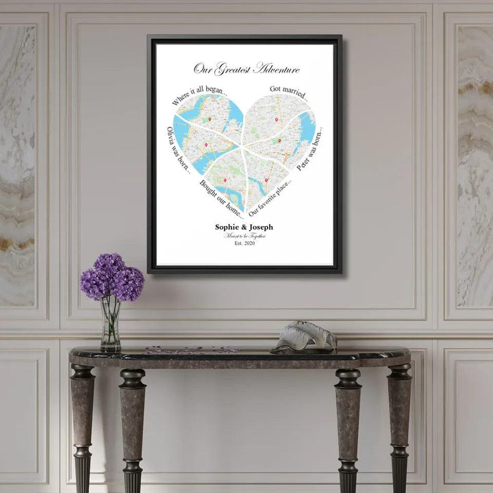 Custom Wall Art - Heart Shaped Six Location Map - ARTFULANE