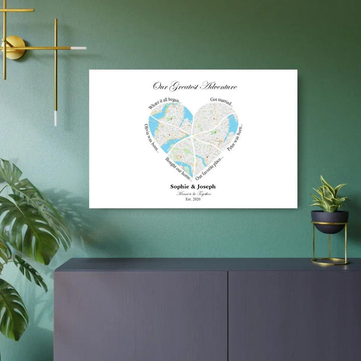 Custom Wall Art - Heart Shaped Six Location Map - ARTFULANE
