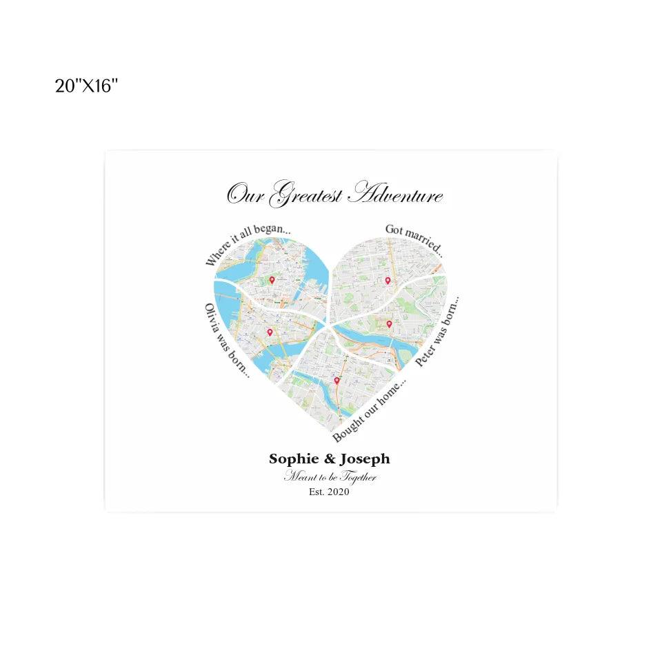 Custom Wall Art - Heart Shaped Six Location Map - ARTFULANE