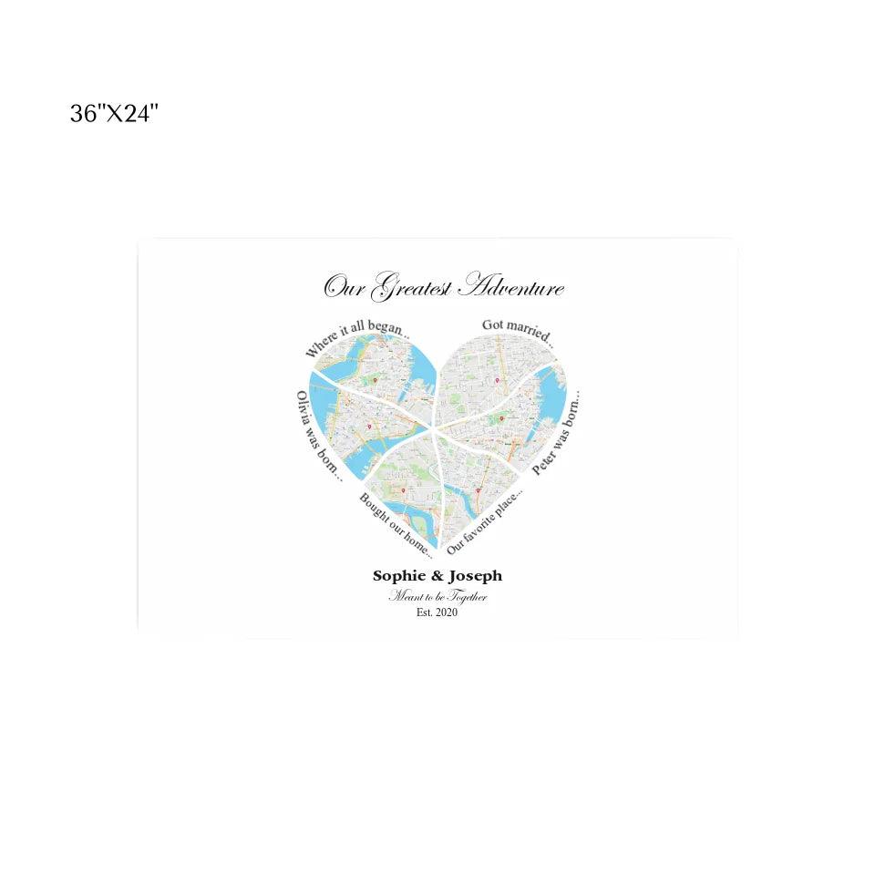 Custom Wall Art - Heart Shaped Six Location Map - ARTFULANE