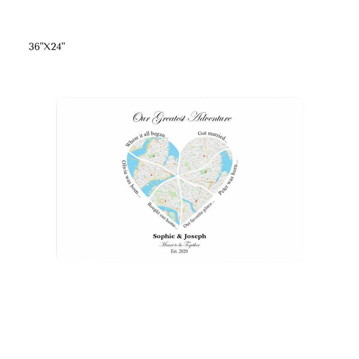 Custom Wall Art - Heart Shaped Six Location Map - ARTFULANE