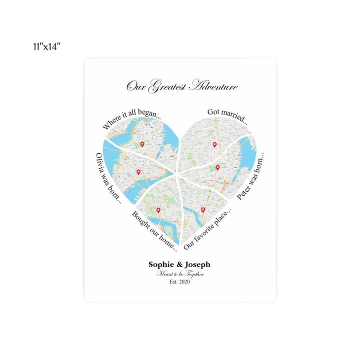 Custom Wall Art - Heart Shaped Six Location Map - ARTFULANE