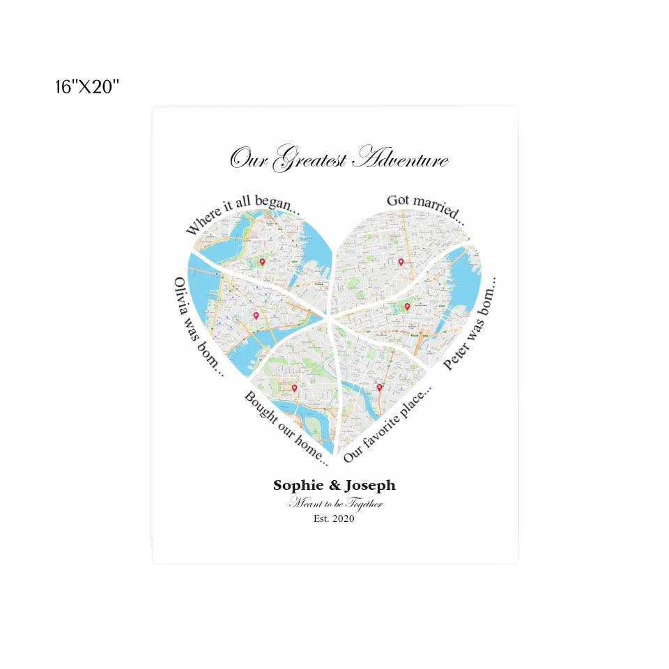 Custom Wall Art - Heart Shaped Six Location Map - ARTFULANE