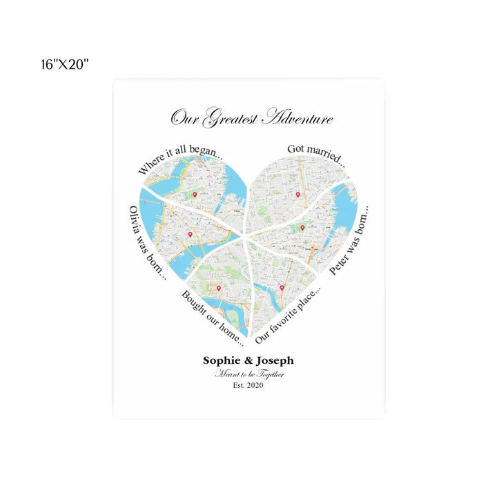Custom Wall Art - Heart Shaped Six Location Map - ARTFULANE