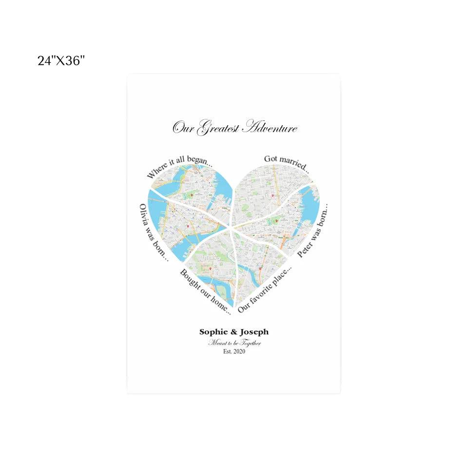 Custom Wall Art - Heart Shaped Six Location Map - ARTFULANE
