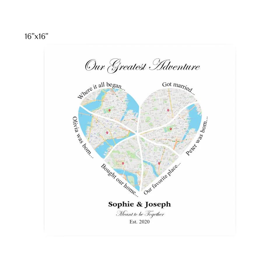 Custom Wall Art - Heart Shaped Six Location Map - ARTFULANE