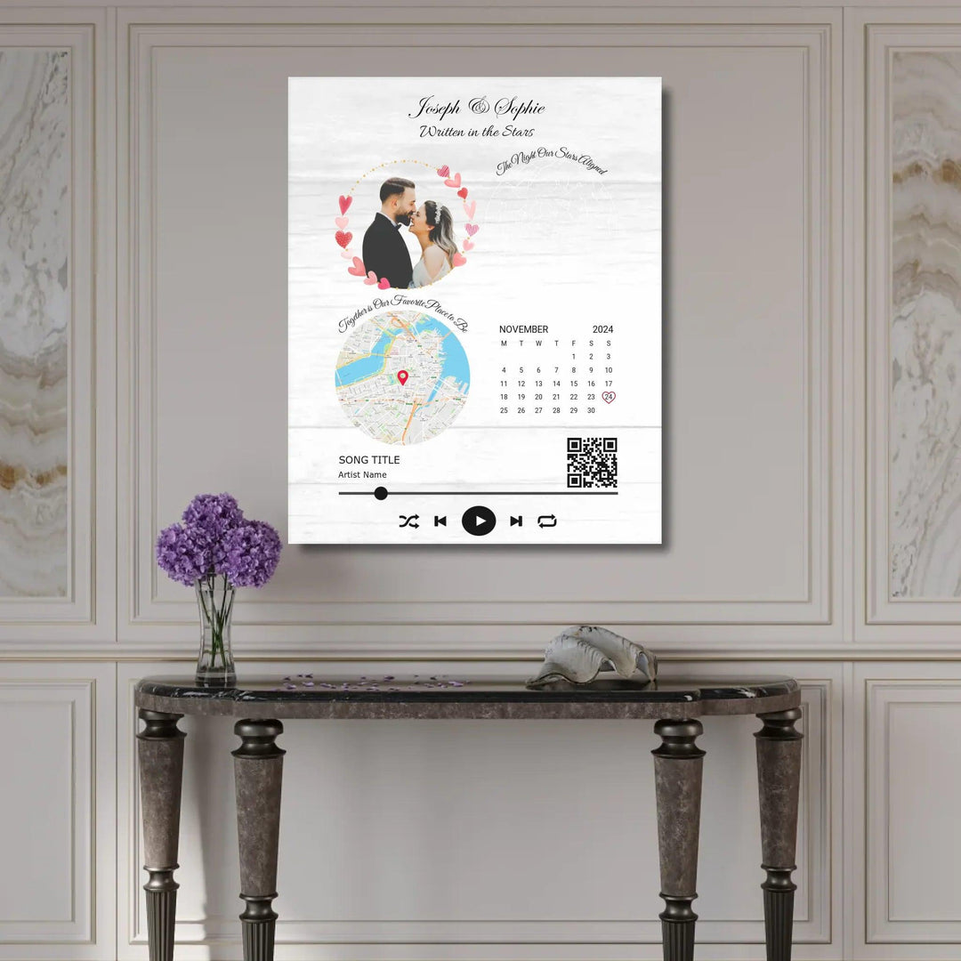 Custom Wall Art - QR Code Song & Maps Couple Keepsake - ARTFULANE
