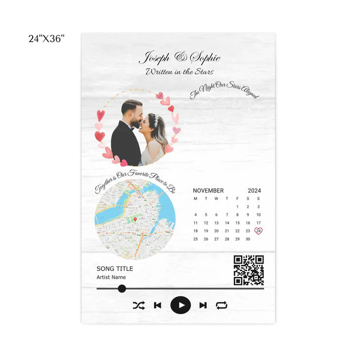 Custom Wall Art - QR Code Song & Maps Couple Keepsake - ARTFULANE