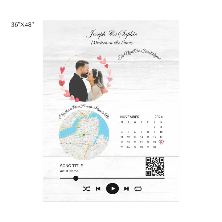 Custom Wall Art - QR Code Song & Maps Couple Keepsake - ARTFULANE