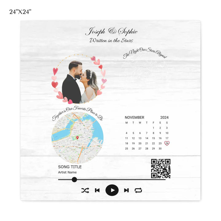 Custom Wall Art - QR Code Song & Maps Couple Keepsake - ARTFULANE