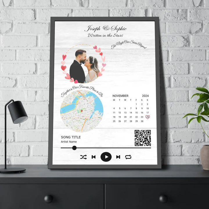 Custom Wall Art - QR Code Song & Maps Couple Keepsake - ARTFULANE