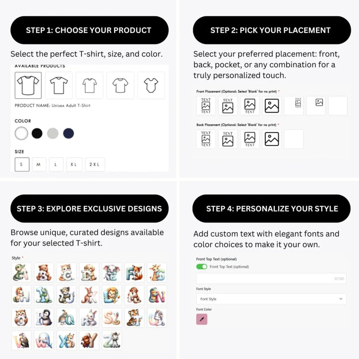 how-to-design-custom-Watercolor-Animal-Letter-t-shirt-personalization-options-artfulane