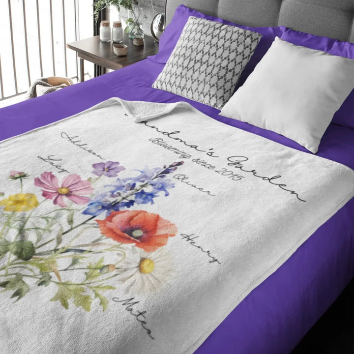 Custom-Watercolor-Birth-Month-Flower-bouquet-Blanket-on-bed-artfulane