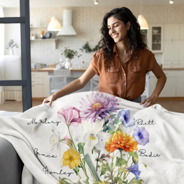 Custom-Watercolor-Birth-Month-Flower-bouquet-Blanket-on-sofa-artfulane