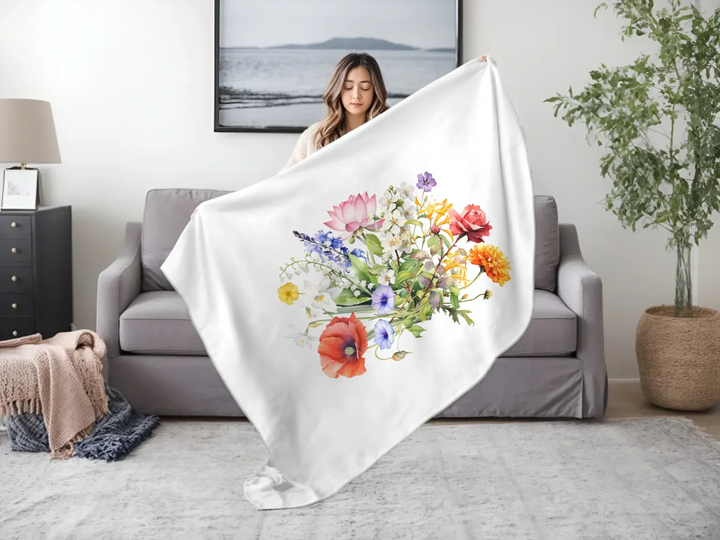 woman-holding-Custom-Watercolor-Birth-Month-Flower-bouquet-Blanket-artfulane
