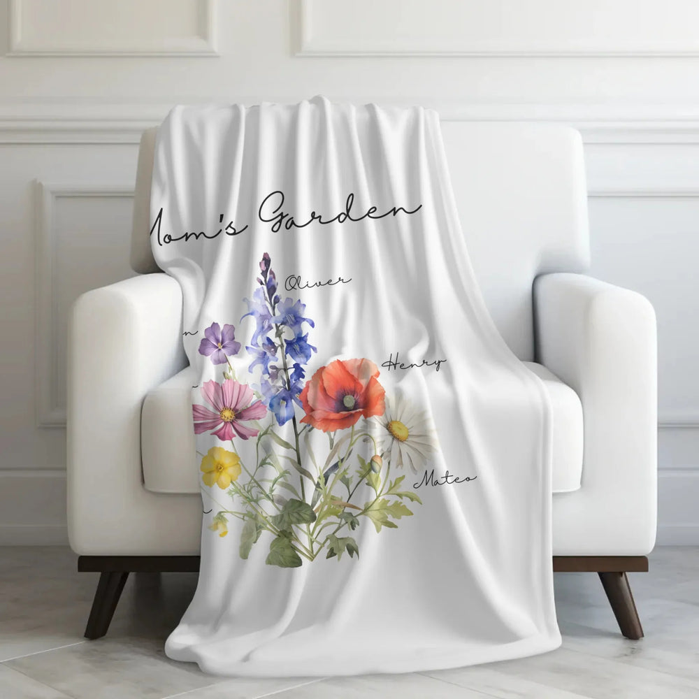 Custom-Watercolor-Birth-Month-Flower-bouquet-velveteen-Blanket-on-couch--artfulane