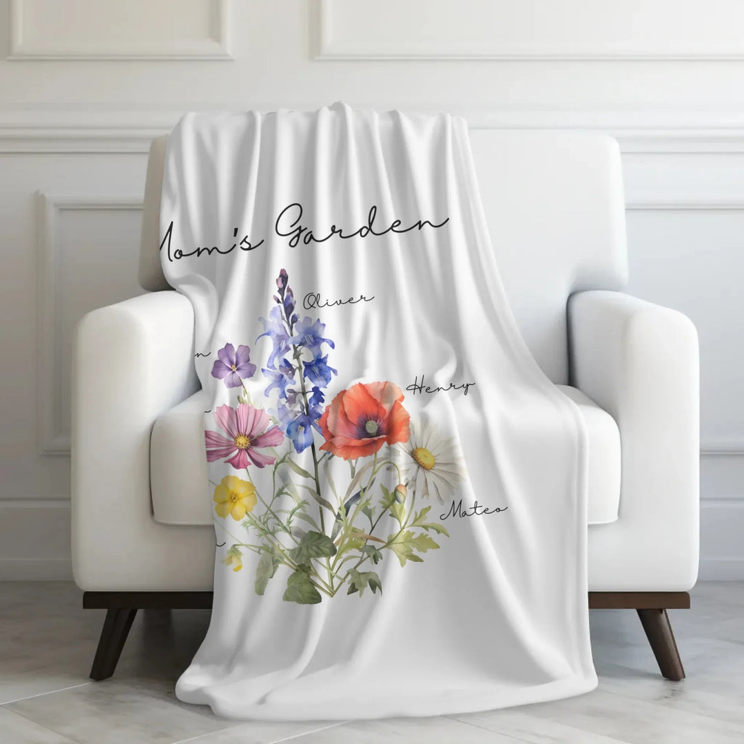 Custom-Watercolor-Birth-Month-Flower-bouquet-velveteen-Blanket-on-couch--artfulane
