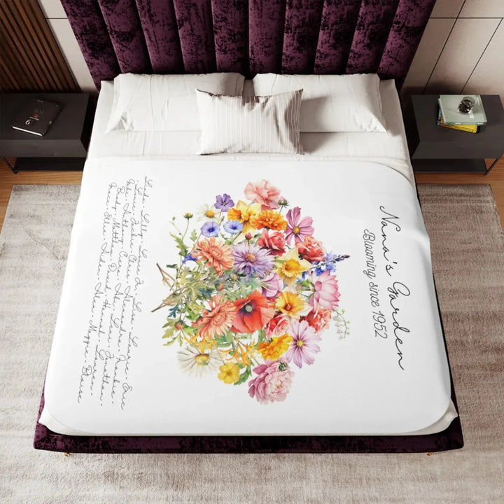 Custom-Watercolor-Birth-Month-Flower-bouquet-sherpa-Blanket-on-bed-artfulane