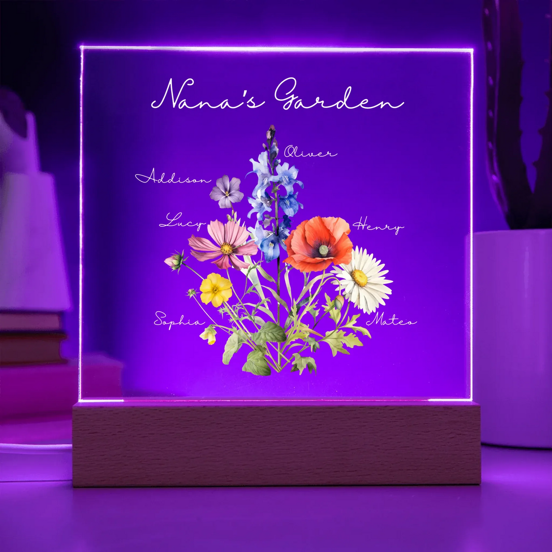Custom-Watercolor-Birth-Month-Flower-Bouquet-Acrylic-Square-LED-Sign-in-purple-light-artfulane 