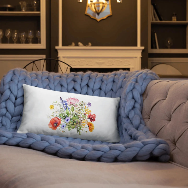 Custom-Watercolor-Birth-Month-Flower-Bouquet-lumbar-pillow-on-couch-artfulane