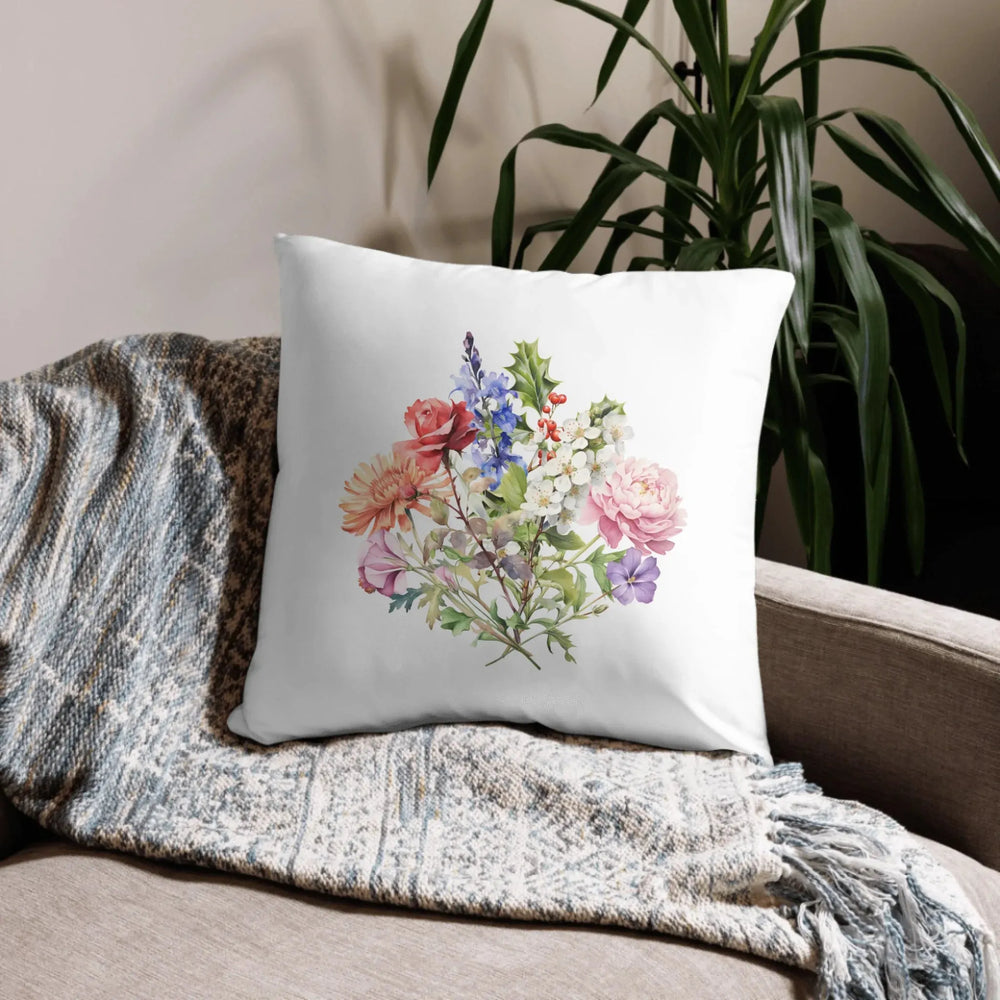 Custom-Watercolor-Birth-Month-Flower-Bouquet-pillow-on-couch-artfulane