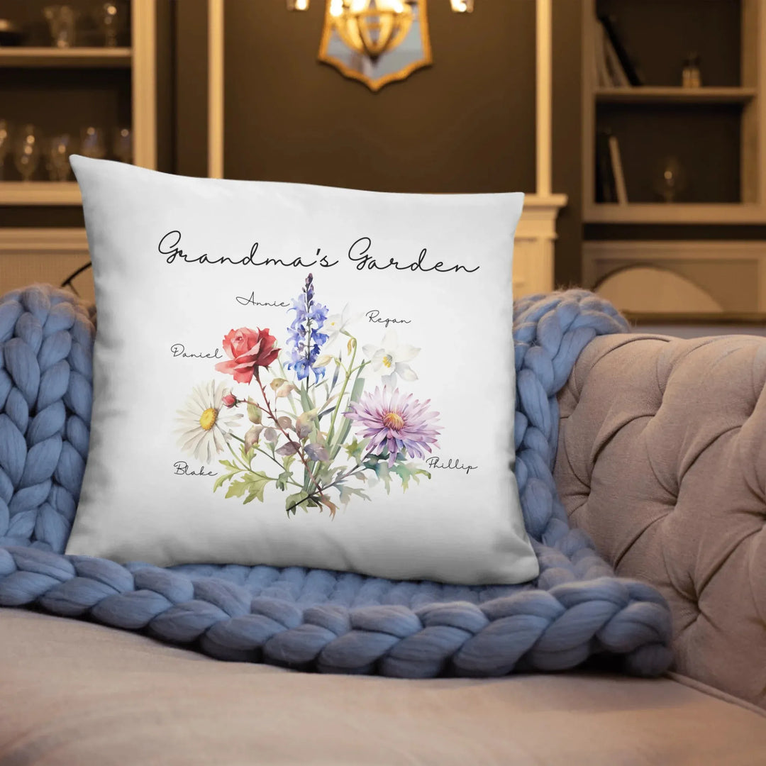Custom-Watercolor-Birth-Month-Flower-Bouquet-pillow-on-sofa-artfulane