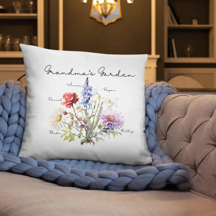 Custom-Watercolor-Birth-Month-Flower-Bouquet-pillow-on-sofa-artfulane