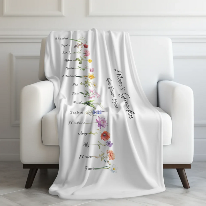 Custom-Watercolor-Birth-Month-Flower-Garden-velveteen-Blanket-on-chair-artfulane