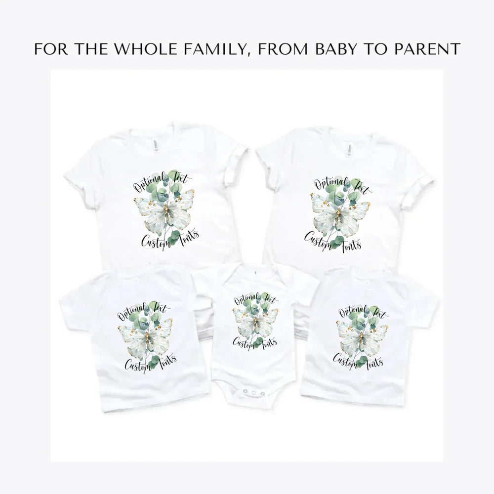 Watercolor-Butterflies-on-Botanicals-custom-t-shirts-adult-youth-toddler-baby-sizes-artfulane