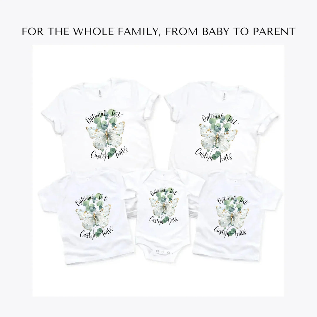 Watercolor-Butterflies-on-Botanicals-custom-t-shirts-adult-youth-toddler-baby-sizes-artfulane