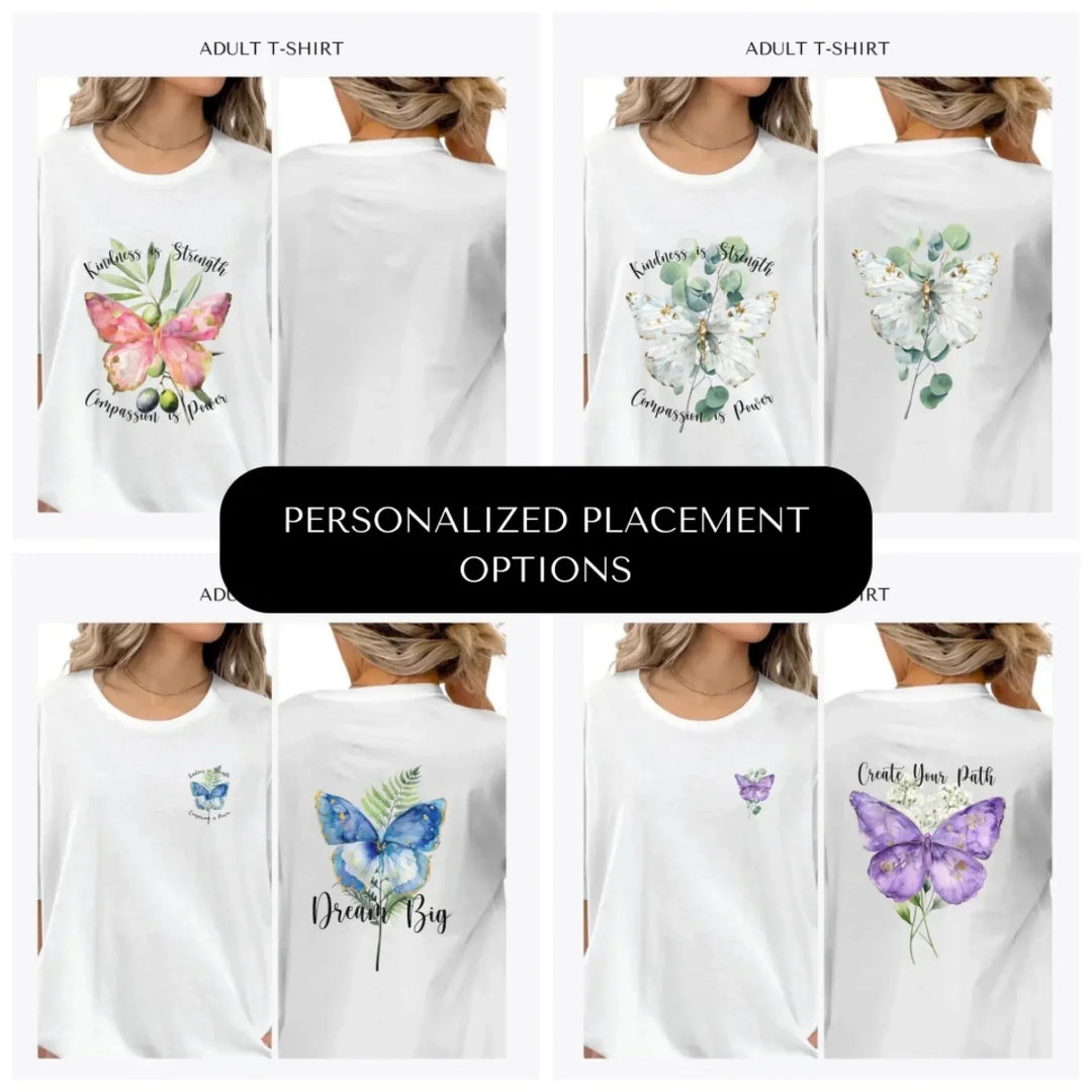 Watercolor-Butterflies-on-Botanicals-custom-adult-t-shirt-design-placement-front-back-pocket-artfulane