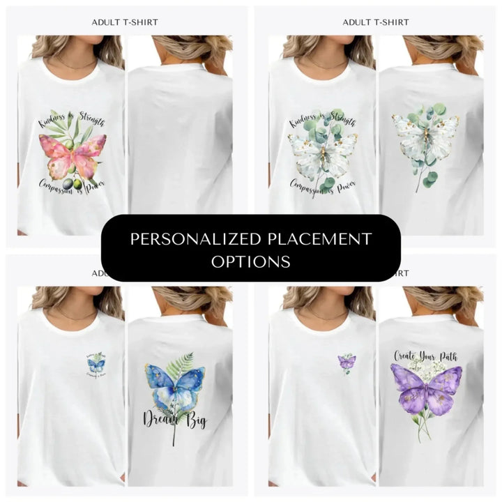 Watercolor-Butterflies-on-Botanicals-custom-adult-t-shirt-design-placement-front-back-pocket-artfulane