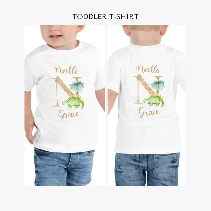 Watercolor-Dinosaur-Letter-personalized-toddler-t-shirt-artfulane